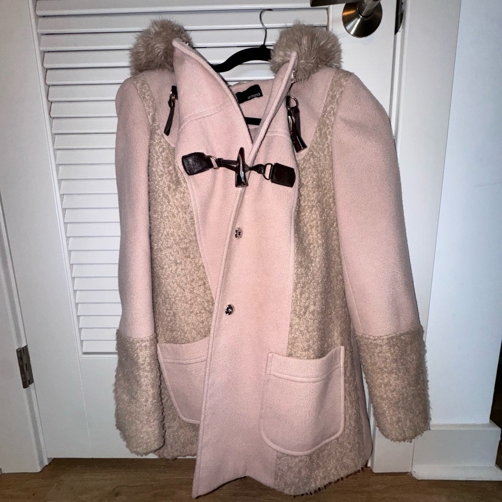 Tan Faux Shearling Toggle Coat with Hood